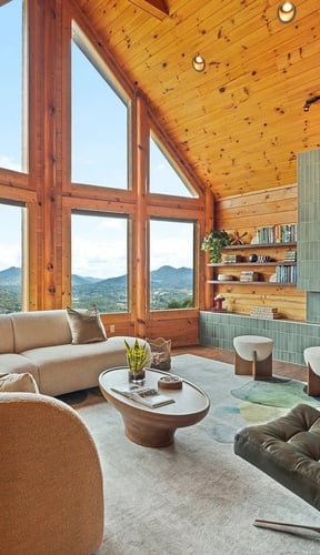 Modern wood cabin living room with large windows overlooking mountains, fireplace, and contemporary furniture
