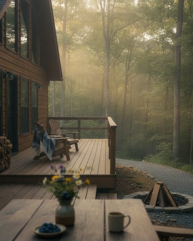 Wooden cabin deck with Adirondack chairs overlooking misty forest, fire pit and table with flowers in foreground