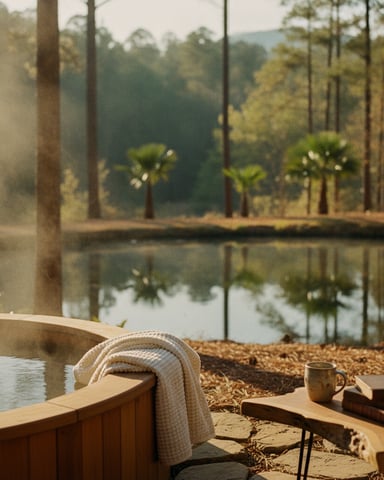 Wooden deck with hot tub, blanket, and mug overlooking calm pond and forested landscape