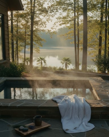 Outdoor hot tub on stone patio overlooking calm lake through tall trees in autumn, with white towel and mug nearby
