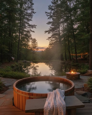 Wooden hot tub on stone patio overlooking forest stream at dusk, with fire pit and string lights visible