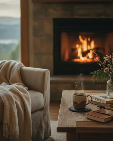 Cozy living room with cream armchair, fireplace with burning fire, wooden table with mug and books, mountain view through window