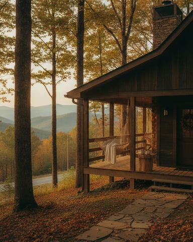 Modern cabin with covered porch and hammock nestled among tall trees with mountain valley view in autumn