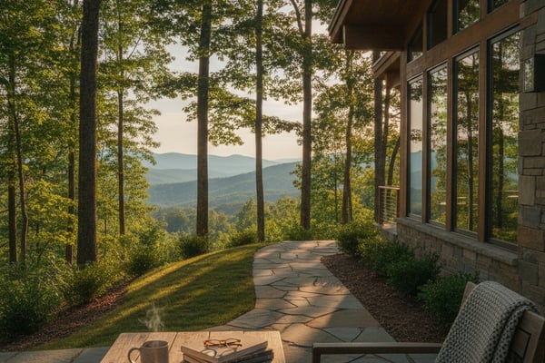Stone patio with wooden table, coffee mug, and bread overlooking forested mountains through tall trees