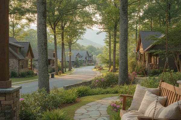 Porch with wooden swing overlooking tree-lined residential street and mountain valley